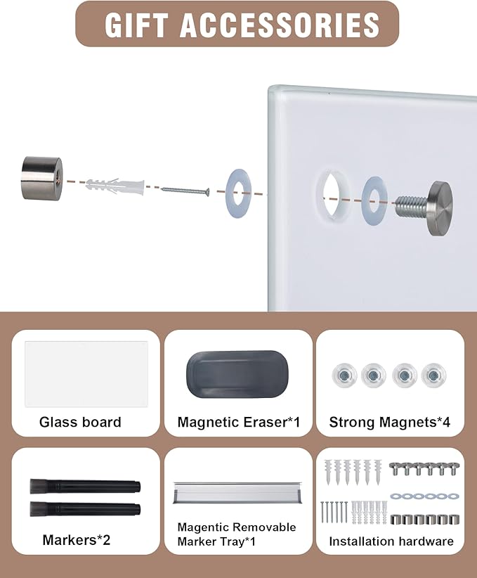 Mifuro Magnetic Glass Whiteboard，24"x18" Wall Mounted Frameless Dry Erase Board for Office, Home & School Ultra White