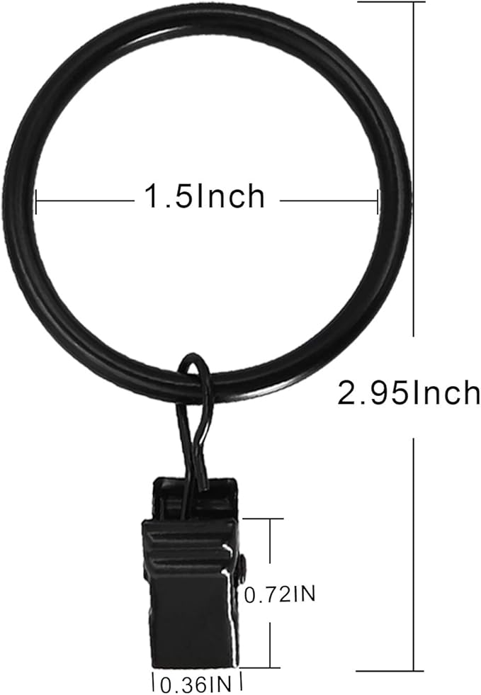 LLPJS 40 Pack Metal Curtain Rings with Clips, Curtain Clip Rings Hooks for Hanging Drapery Drapes Bows, Curtain Rod Rings 1.5 inch Interior Diameter, Black