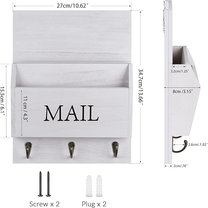 DLQuarts Mail Organizer with Key Holder for Wall Decorative Mail Sorter Wall Mounted, Wooden Mail Holder with 3 Hooks, White