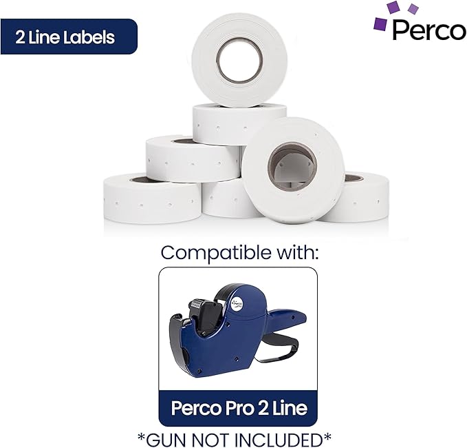 Perco 2 Line Removable Adhesive Labels - 80 Rolls, 10 Sleeves, 60,000 Blank Price and Date Gun Labels for Perco 2 Line Price and Date Guns - Made in USA