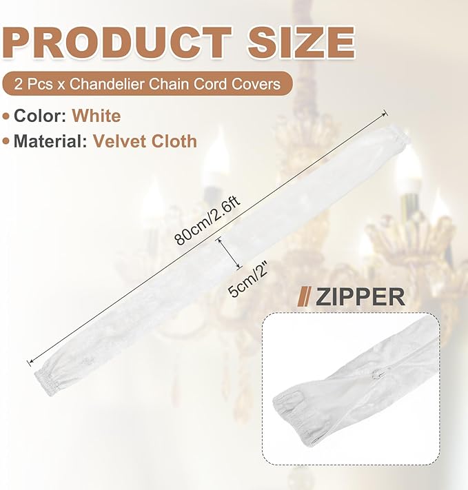 PATIKIL 2.6ft Chandelier Chain Cord Cover, 2 Pcs Velvet Cloth Fabric Chain Sleeve Decorative Cord Covers for Chandelier Wires Swing Cable, Zipper Style, White