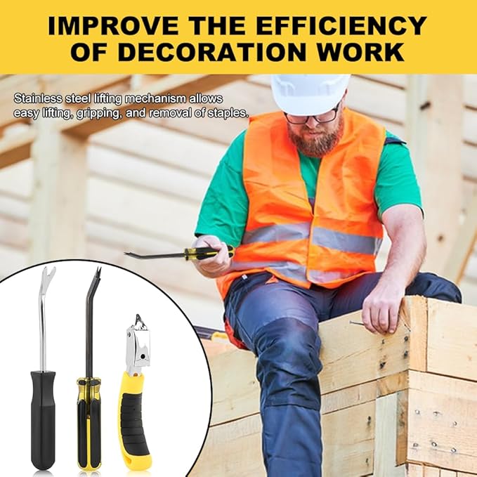 3PCS Heavy Duty Construction Staple Remover with Tack Puller Tool, Nail Puller, Carpet Remover, Removing All Kinds of Staples for Furniture, Floor, Wooden Case, Carton, Photo Frame(COLOR:Black+Yellow)