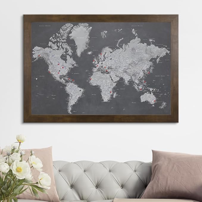 Push Pin Travel Maps - Stormy Dreams World - Rustic Brown Framed Pin Map for Tracking Your Travels - 27.5" x 39.5" - 8 Handcrafted Frame Options - Made in USA - Ideal for Any Traveler