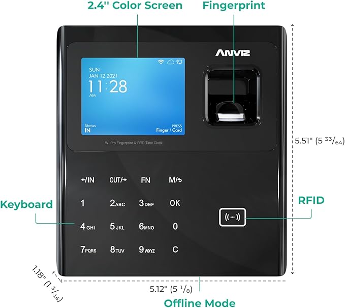 ANVIZ Time Clocks for Employees Small Business - Forever Free Cloud Software - W1 Pro Fingerprint Biometric Clock in and Out Attendance Machine, Black