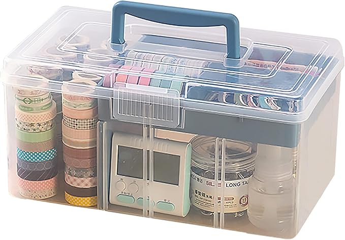 Clear Plastic Arts & Craft Supplies Organizer Box Large with a Removable Tray & A Partition & Handle, Office Home School Desktop Stationery Storage Box, Medicine Box (Clear & Ocean Blue)