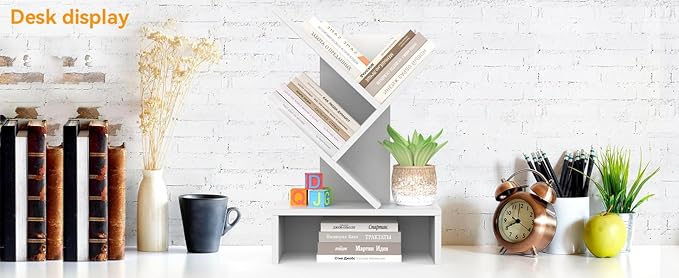 Godferyxin Small Bookshelf with Drawer,Mini Book Holder for Desk,White Wood Desktop Book Shelf for School,Office,Bedroom,Organizer CDs-Tree Bookcase