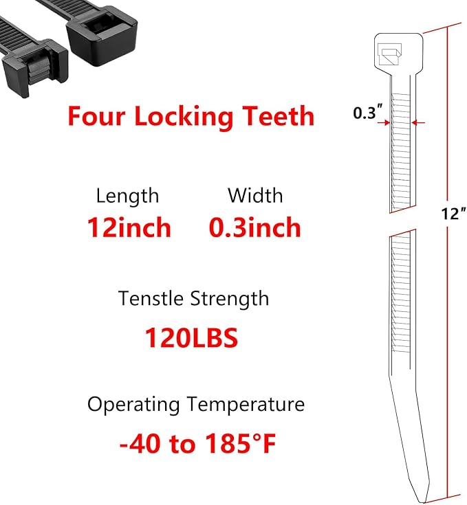 12 Inch Heavy Duty Zip Ties, 0.3 Inch Wide 120LBS Tensile Strength, Self-Locking Black Nylon Cable Ties for Outdoor Indoor Use, Home Office Garden Automotive Wire Cord Management,by VIKTONIK