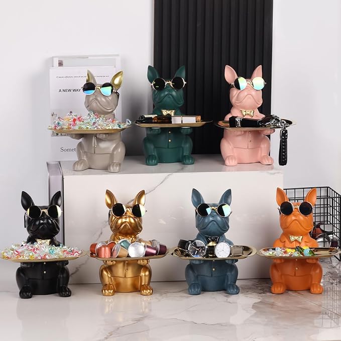 Modern Bulldog Statue in Pink Resin - Piggy Bank Key Holder Storage, Candy & Jewelry Tray for Home Decor, Dining Table, Office