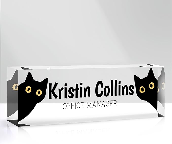 Custom Name Plate for Desk, Personalized Desk Name Plate on Clear Acrylic Glass, Appreciation Gifts for Teacher Employee Boss Coworkers Nurse, Desktop Office Accessories For Women (Black Yellow)