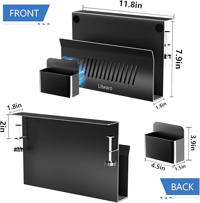 Litwaro Desk Side Storage, No Drill Laptop Holder with Magnetic Pen Holder, Clamp on Laptop Mount with Sticky Headphone Stand, Hanging Organizer for Office, Fits Flat Table Edge 0.4" to 2" (Black)