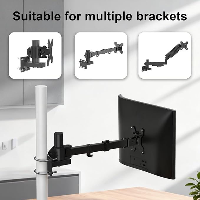 No Drill Monitor Arm Wall Mount - Clamp-on Adjustable Desk Mount for Round & Square Tubes, VESA Compatible Computer Screen Mounting Bracket for Office, Study, Hospital, Bedroom
