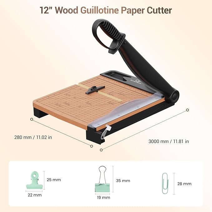 12 Inch Heavy Duty Paper Cutter, Wood Guillotine Paper Cutter & Paper Trimmer, 30 Sheets Capacity Paper Cutting Board for Classroom, Crafting, Cardstock Black