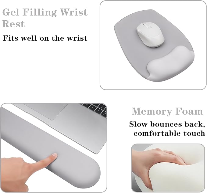 Wrist Rest Support for Mouse Pad and Keyboard Set, Ergonomic Gel Computer Keyboard Wrist Rest with Memory Foam for Long Hours of Work, Gaming, Studying-Relieve Wrist Pain (Light Grey)