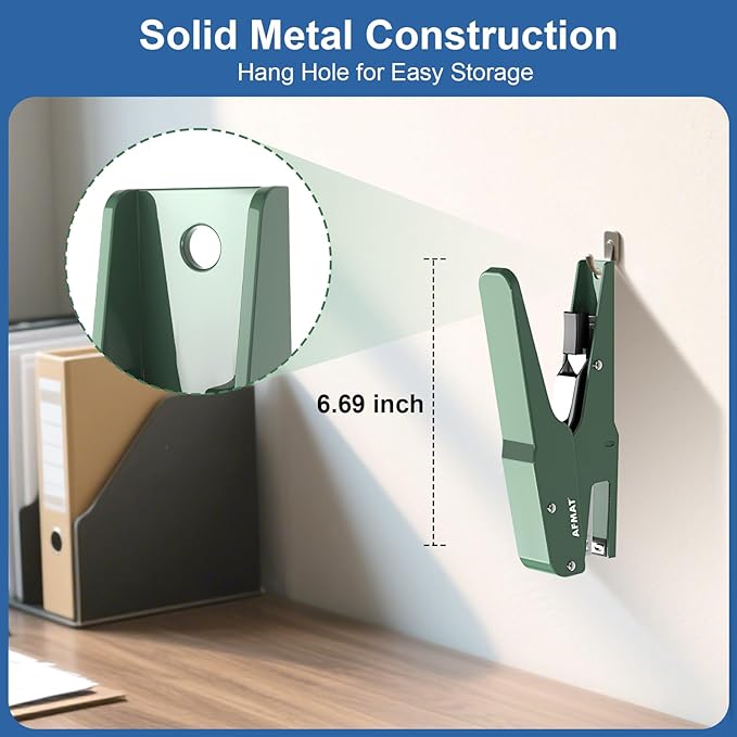 AFMAT Effortless Plier Stapler, Metal 35 Sheet Stapling Plier, 15000+ Stapling Times, with Staples & Reload Button, Handheld Stapler Heavy Duty, Space Save Size, Good for Office, Home, School, Green