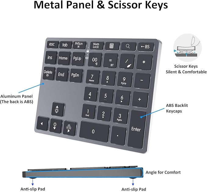 Tri-Mode Aluminum Numpad 7-Color LED Backlit, BT5.0/USB/2.4G Wireless Rechargeable Number Pad 35-Key Scissor Switches Light Up Keycaps for PC/Laptop/Win/Mac, Grey Black