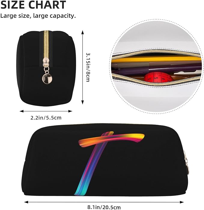Cute Initial Pencil Case for Kids Simple Leather Pencil Pouch for Boys Girls Letter Design Pencil Box Pen Bag Pencil Pouch Office Stationery Organizer, Rainbow Letter T