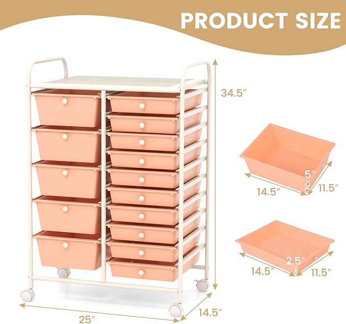 ARLIME 15-Drawer Storage Cart, 15 Drawer Trolley, Rolling Organizer Cart, Scrapbook Paper Organizer, Suitable for Office and School, Rolling Office Storage Tools (Peach)