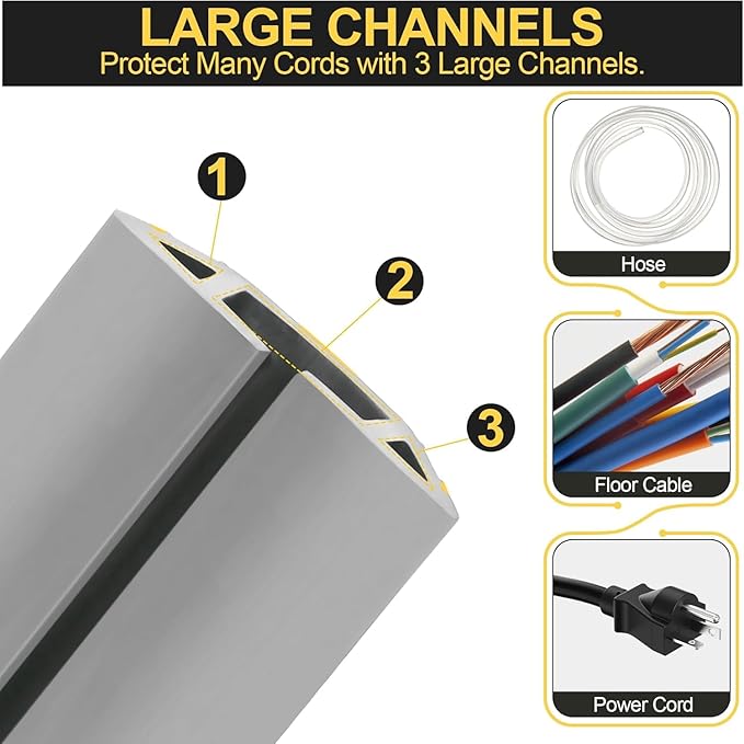 MYFAMIREA 4FT Floor Cord Cover Heavy Duty Cord Cover for Wire on Floor, Outdoor Cable Covers Protector with 3 Channels, Extension PVC Wire Covers Hider Management for Home Office Outdoor, Grey