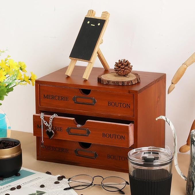 Wooden Storage Box Rustic Desktop Organizer with 3 Drawers Office Desk Accessories Shelf Small Craft Storage Containers Apothecary Cabinet and Chest Jewelry Holder for women(BROWN)