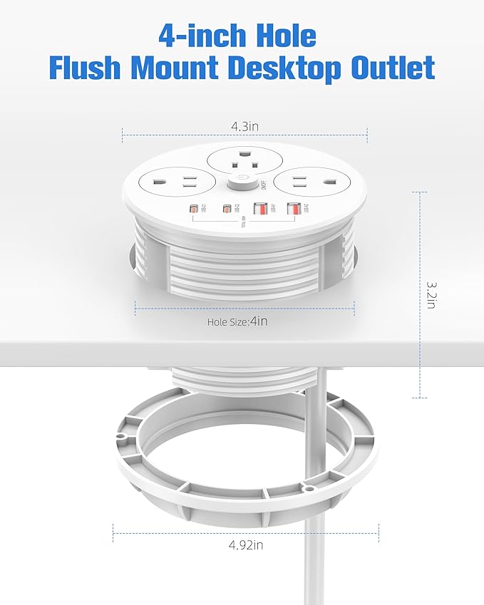 Desktop Power Grommet with 100W USB C, Double-Side Recessed Charging Station Plug in 5AC Outlets & 4 USB Ports, 4-Inch Hole Furniture Flush Mount for Countertop White