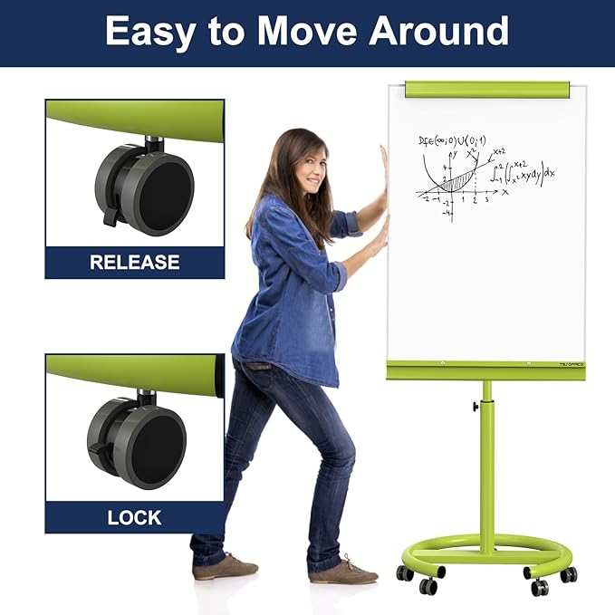 TSJ OFFICE Mobile Whiteboard Magnetic - 40 x 26 Inches Dry Erase Board on Wheel with Stand Flipchart Easel Height Adjustable,Green