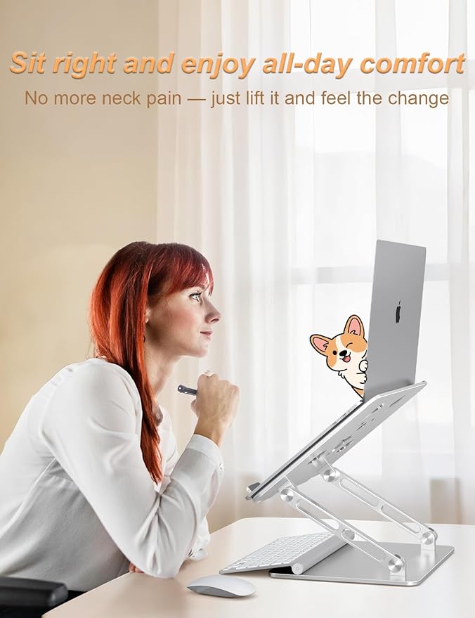 Laptop Stand for Desk – Adjustable Portable Laptop Riser, Aluminum Laptop Holder Compatible with MacBook Air Pro, Dell, HP, Lenovo (10"-17.3"), Featuring Unique Puppy Panel Design, Silver