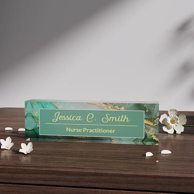 Office Desk Name Plate Personalized, Custom Plates for Desks on Acrylic Glass, Decor Nameplate, Accessories, Personalized Gift Boss Coworkers (Green Marble),(731)