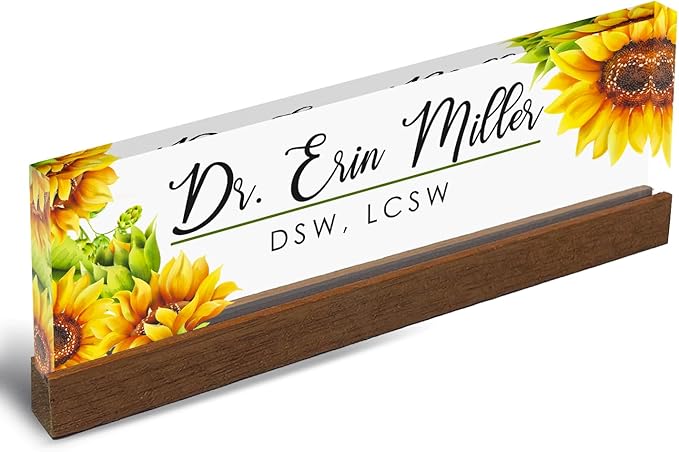 Artblox Personalized Office Desk Name Plate and Business Card Holder | Clear Acrylic Glass with Teak Wood Stand | Sunflowers Design Customized with Your Name and Credentials Office Desk Decor