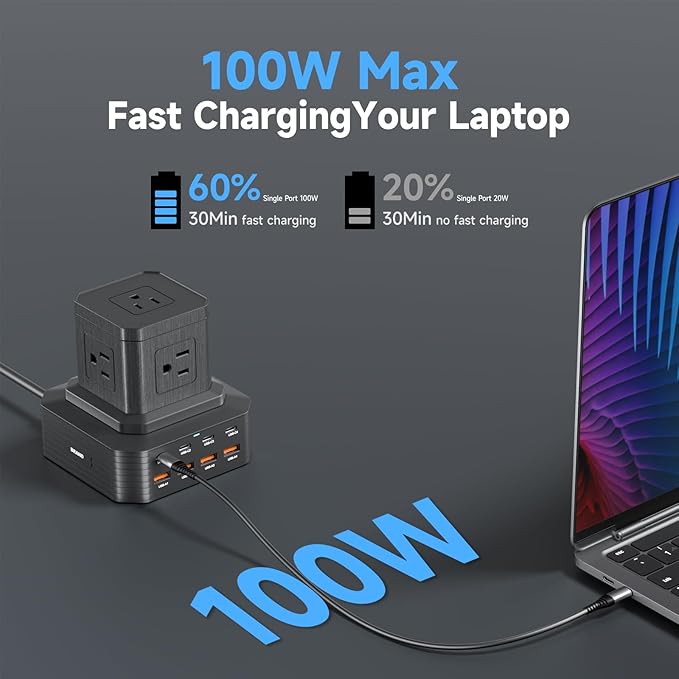 100W USB C Charging Station 13-in-1 Surge Protector Power Strip with 4 PD USB-C & 4 USB-A Ports, Adapt to MacBook Pro/Air, iPhone 15/14, iPad, and Multi-Device Office and Home Chargers