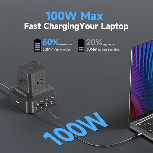 100W USB C Charging Station 13-in-1 Surge Protector Power Strip with 4 PD USB-C & 4 USB-A Ports, Adapt to MacBook Pro/Air, iPhone 15/14, iPad, and Multi-Device Office and Home Chargers