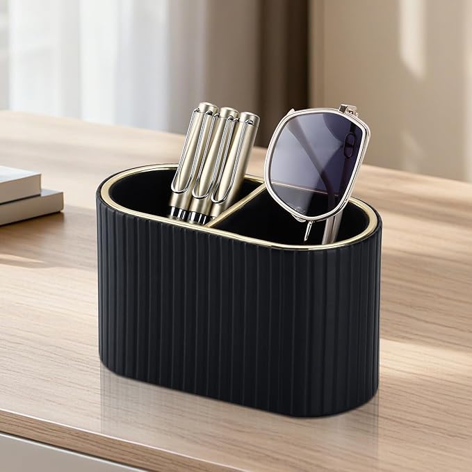 KINGFOM PU Leather Desk Organizer Pen Holder – Dual-Compartment Stylish Pencil Cup Remote Control Holder Desktop Supplies and Accessories Organizer Caddy for Office Home School (Black)