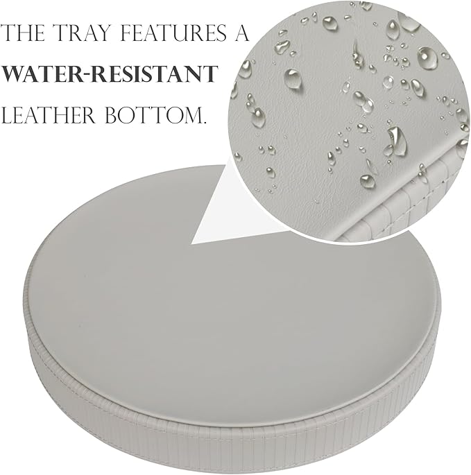 HofferRuffer Round Decorative Tray, Faux Leather Vanity Tray Decor, Decorative Catchall for Perfume, Bathroom Valet, Nightstand or Dresser, 12 x 12 x 1.6 inches (Grey Stripe)