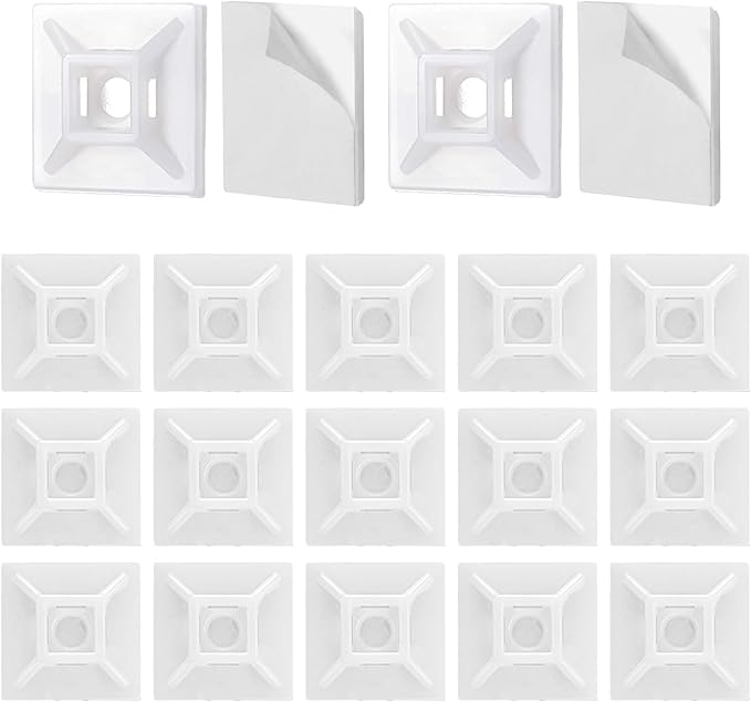 100Pcs Adhesive Zip Tie Mount, 1.1in White Cable Tie Mount, Plastic Zip Tie Mounting Squares, Sturdy Zip Tie Sticky Mounting Pads for Cable Organizer (White, 1.1"-100pcs)