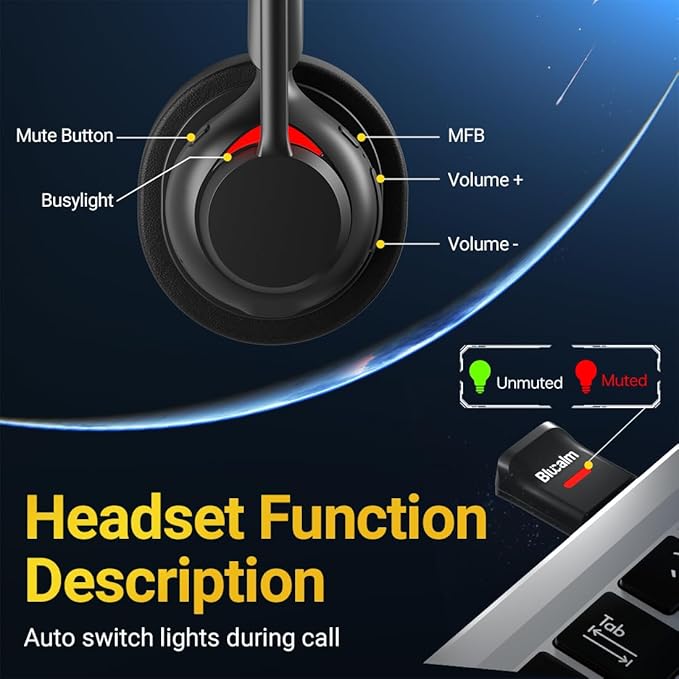 Blucalm Business V5.4 Wireless Headset with Charging Base, Computer Headset with Mic & 2.4 G USB Dongle for PC/Phone Work, Wireless Headphones with Noise-Cancelling Mic for Office, WFH, Teams, Zoom