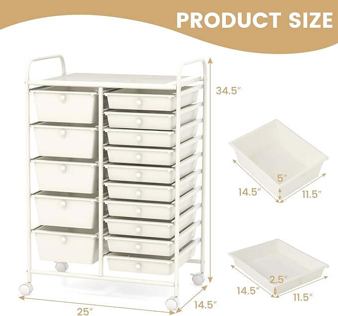 ARLIME 15-Drawer Storage Cart, 15 Drawer Trolley, Rolling Organizer Cart, Scrapbook Paper Organizer, Suitable for Office and School, Rolling Office Storage Tools (White)