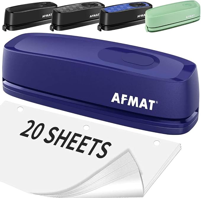 AFMAT Electric 3 Hole Punch, 20-Sheet 3 Hole Puncher for Binder, Effortless Punching, 9/32" Hole Diameter, Paper Hole Puncher 3 Hole Heavy Duty, for Office/School/Studio, AC or Battery Operated, HP07