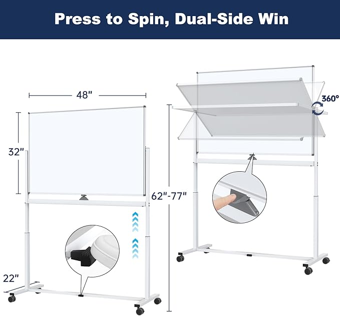 Large Dry-Erase Rolling Magnetic Whiteboard - TSJ OFFICE 48 x 32 Inches Dry Erase Board with Stand Height Adjust Double Sides Mobile White Board Easel on Wheels Office, Home & Classroom