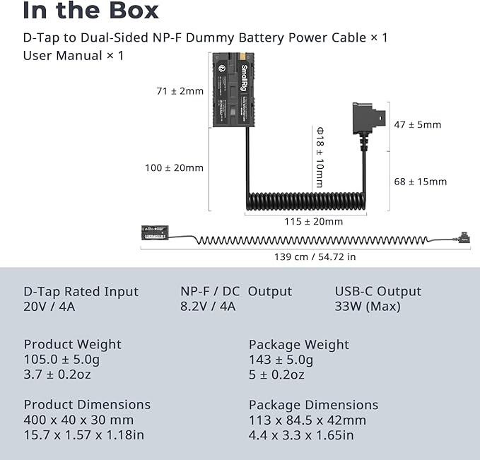 SmallRig D-tap to Dual-Sided NP-F Dummy Battery, with USB-C, DC Port, LED Display, for NP-FZ100/ LP-E6NH/ LP-E6P/ EN-EL15C/ DMW-BLK22 Dummy Batteries,Monitor and Wireless Video Transmitters