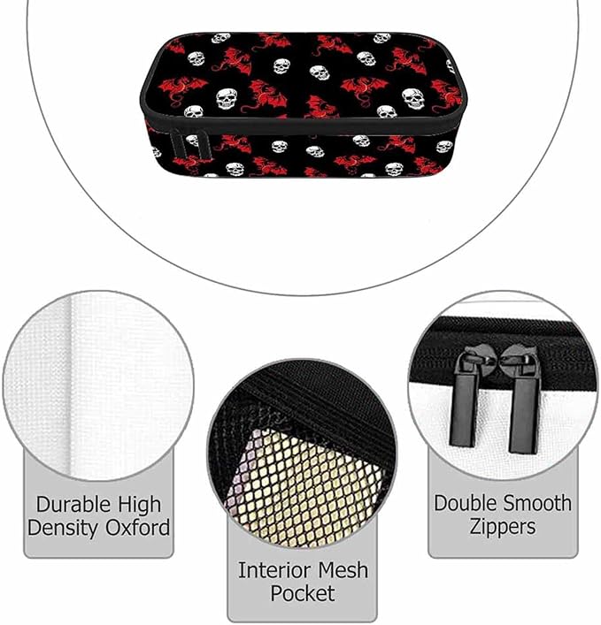 Skull Dragon Pencil Case Dead Black Red Animal Pencil Bag Pen Markers Pouch Holder Organizer for Office Clerks