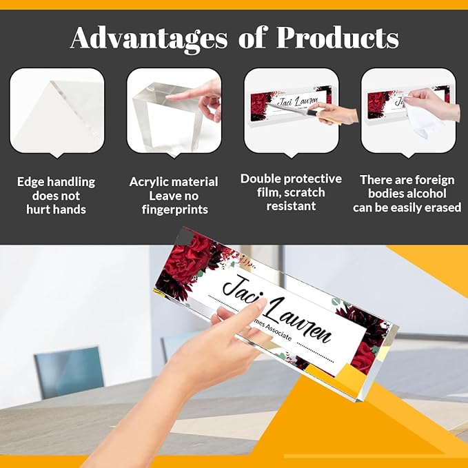 Custom Name Plates for Desks, Desk Decor, Personalized Desk Gifts, Office Desk Name Plate Personalized, Name Tags, Desk Accessories for Men or Women, Acrylic Name Plate for Desk(Red Rose) 731