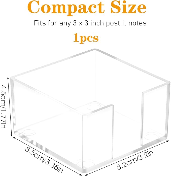 Clear Sticky Note Holder, Sticky Note Dispenser with Non-Slip Pad, Acrylic Desk Accessories, Aesthetic Office Supplies Organizer for Home Office Dorm Room (3.35 × 3.35 × 1.77 Inches)