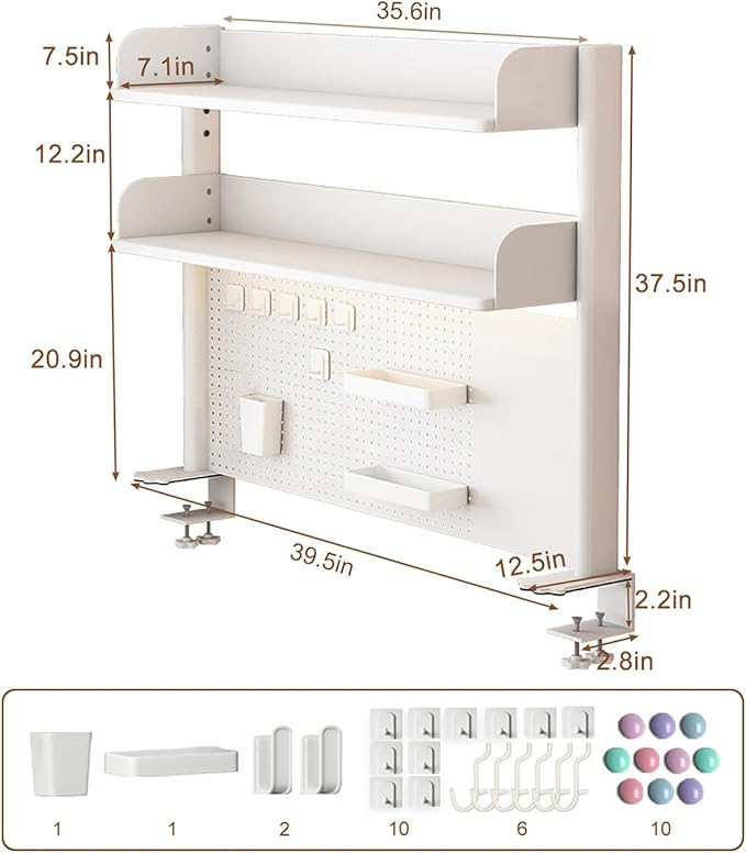 Clamp on Desk Shelf with Pegboard, Desktop Organization Bookshelf Storage Shelves for Home Office Dorm Gaming Desk, Space Saving Tabletop Display Rack (White, 39.5(W) x37.5in(H))