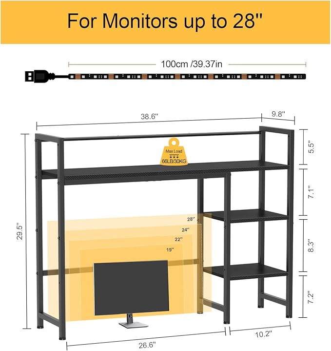 Snughome Desk Shelf with LED Strip, 38.6" Desktop Organizer Shelf, Desk Hutch for Computer Monitor, 4 Tier Desk Display Rack, Wood Desktop Bookshelf Storage Rack for Home Office Dorm
