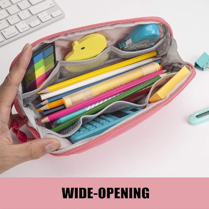 Sooez Wide-Opening Pencil Pen Case, Lightweight & Spacious Pencil Pouch Zipper Stationery Bag, Aesthetic Supply with Triangular Design for Adults, Pink