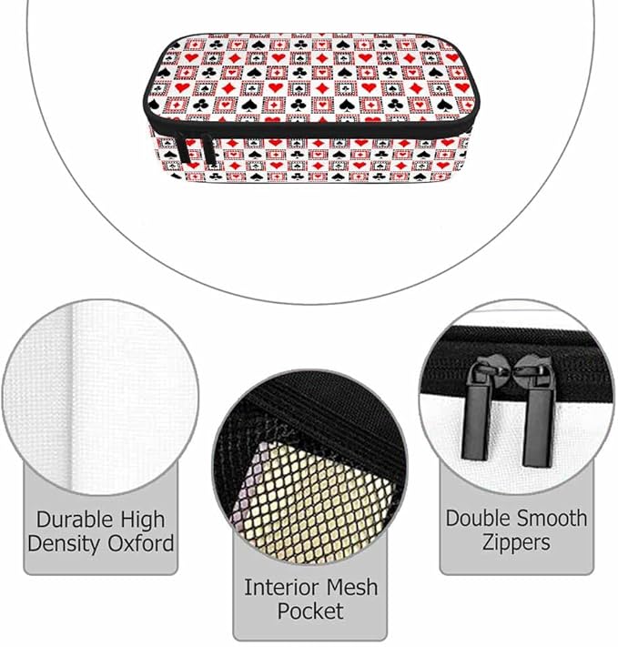 Playing Cards Pencil Holder Bag Bright Red Black White Symmetrical Geometric Pencil Case College Office Organizer for Students Boy Girl Teens Adults