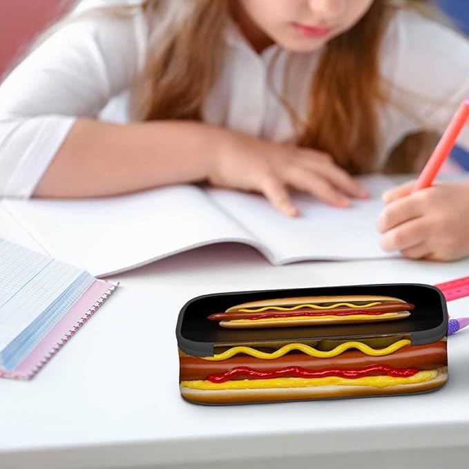 Burger Pencil Case Organizer Sausage Food Delicious Black Stationery Box Makeup Colleague Office Supply for Adults Men Women School Students Boy Girl
