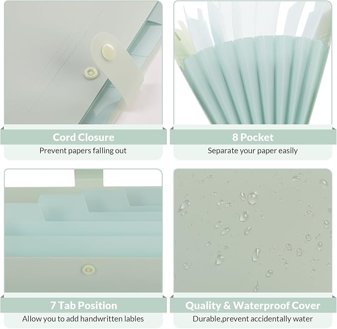 SKYDUE Expanding File Organizer with 8 Pockets, Accordion File Folders with Labels, Portable Document Paper Bill Receipt Organizer, Home College School Office Supplies, Letter Size,Light Green