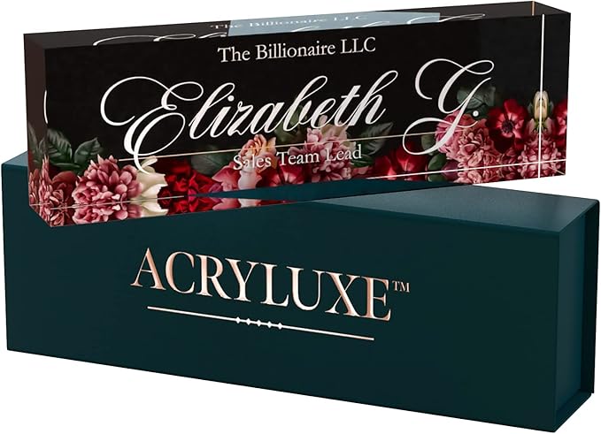 Desk Name Plate Personalized, Custom Name Plates, 2½/x8 Inches, Thick Crystal-Clear Acrylic, Gift Box, Office Desk Decor. USA Made by ACRYLUXE (Florist)