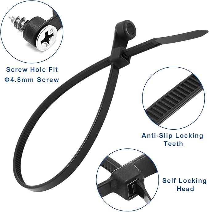 Zip Ties with Screw Hole, 8 inch 48lbs Electrical Cable Ties Straps Mount Head Plastic Ties Multipurpose Heavy Duty Nylon Zip Tie for Indoor & Outdoor (Black 8", 300pcs)