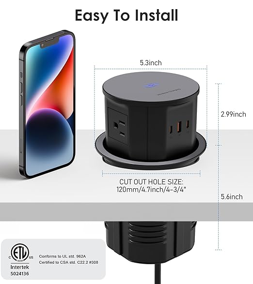 ANNQUAN 4.75" Pop Up Outlet with 65W USB-C,15W Wireless Charger,4 Outlets,3 USB Ports,Pop Up Countertop Receptacle Outlet for Home Office Kitchen